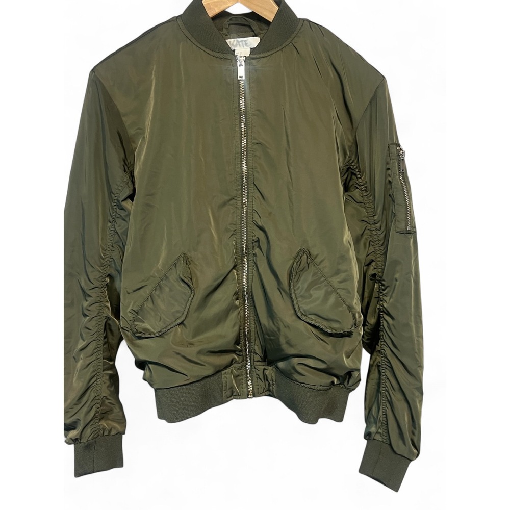 H&M Divided Olive Green Ruched Sleeve Bomber Flight Jacket Full Zip MA-1 Style